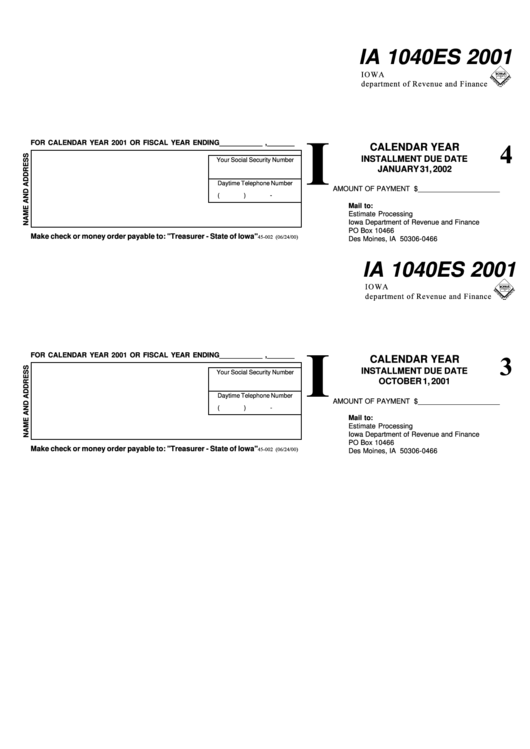 Form Ia 1040es - Estimated Income Tax For Individuals - 2001 Printable pdf