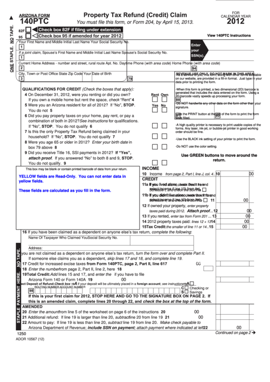 fillable-arizona-form-140ptc-property-tax-refund-credit-claim-2012-printable-pdf-download