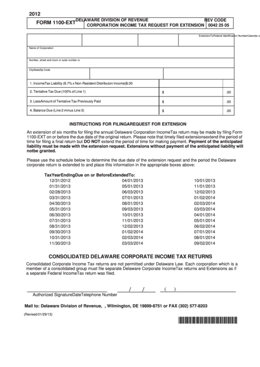 Fillable Form 1100-Ext - Corporation Income Tax Request For Extension - 2012 Printable pdf