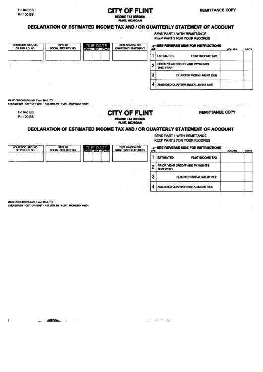 Form F-1040es / F-1120 Es - Declaration Of Estimated Income Tax And / Or Quarterly Statement Of Account Printable pdf
