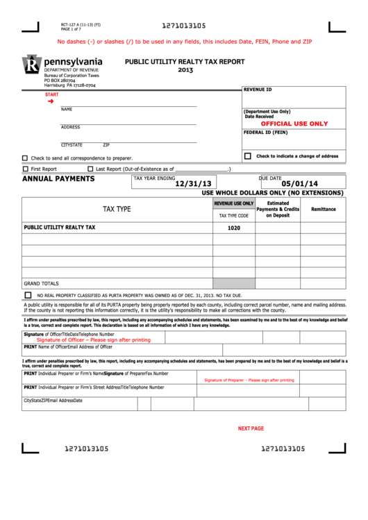 Fillable Form Rct-127 A - Public Utility Realty Tax Report - 2013 Printable pdf