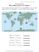 World Map And The 5 Oceans Geography Worksheet