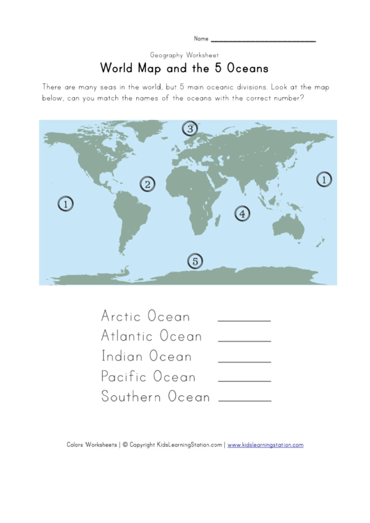 World Map And The 5 Oceans Geography Worksheet Printable pdf