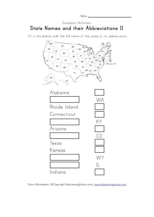 State Names And Their Abbreviations Ii Geography Worksheet Printable pdf