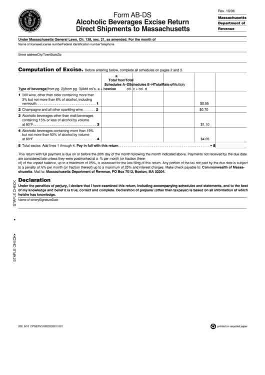 Fillable Form Ab-Ds - Alcoholic Beverages Excise Return Direct Shipments To Massachusetts Printable pdf