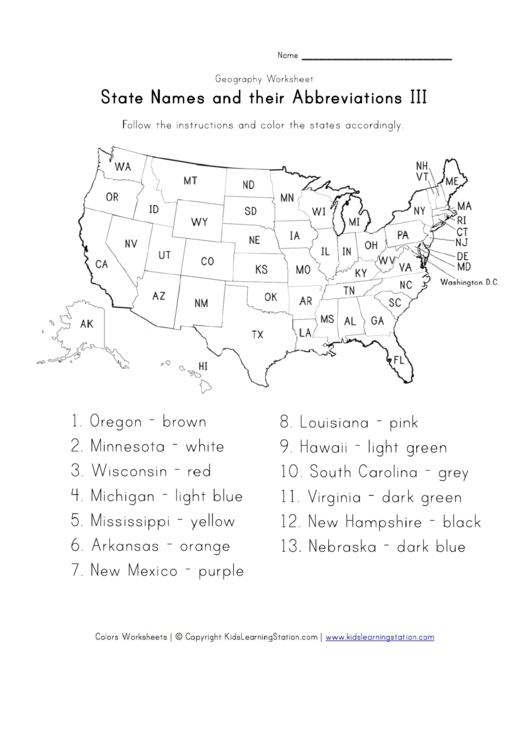 State Names And Their Abbreviations Ill Geography Worksheet Printable pdf