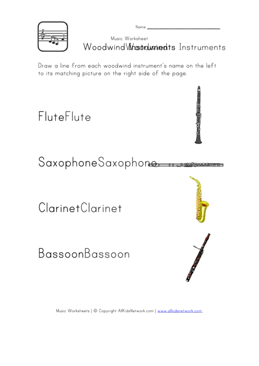 Matching Woodwind Instruments Worksheet printable pdf download