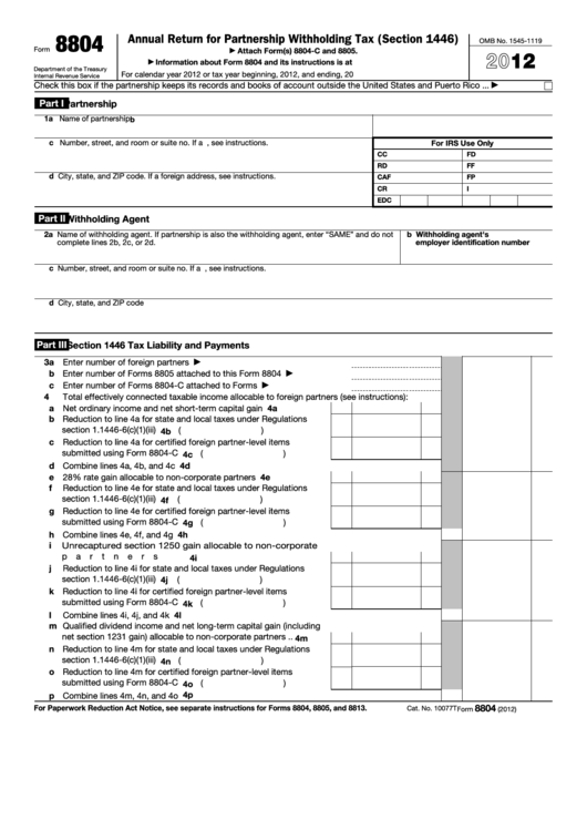 Fillable Form 8804 - Annual Return For Partnership Withholding Tax (Section 1446) - 2012 Printable pdf