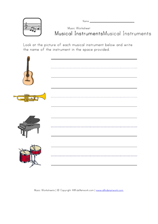 Indentify Musical Instruments Worksheet printable pdf download