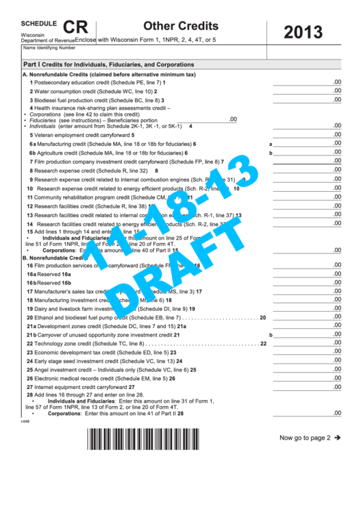 Form I-048 - Schedule Cr Draft - Other Credits - 2013 Printable pdf