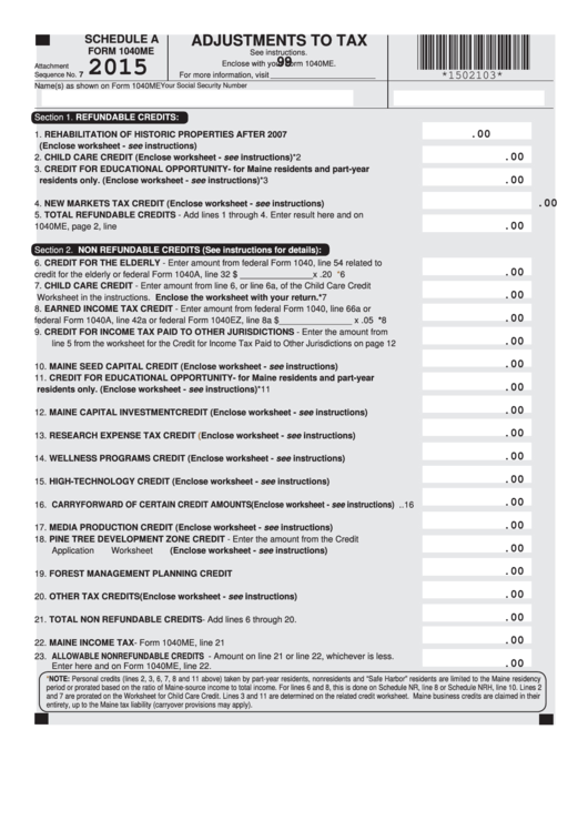 Form 1040me - Schedule A - Adjustments To Tax - 2015 Printable pdf