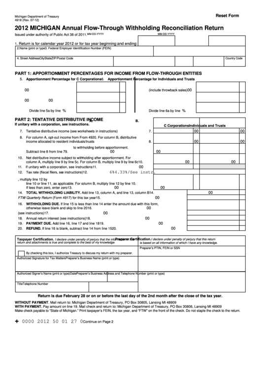 Fillable Form 4918 - Michigan Annual Flow-Through Withholding Reconciliation Return - 2012 Printable pdf