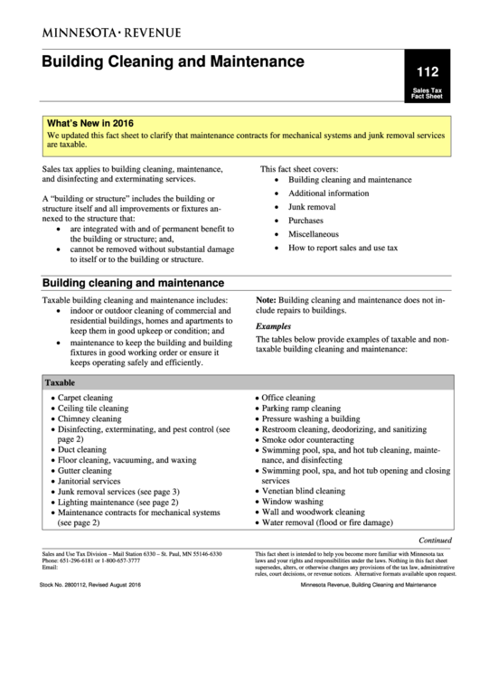 Building Cleaning And Maintenance Fact Sheet - Minnesota Department Of Revenue Printable pdf