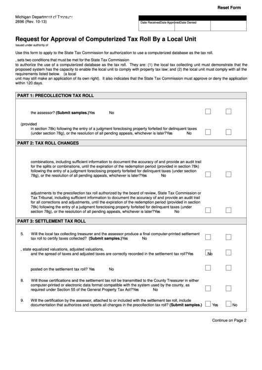Fillable Form 2696 - Request For Approval Of Computerized Tax Roll By A Local Unit Printable pdf