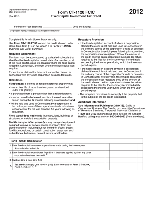 Form Ct-1120 Fcic - Fixed Capital Investment Tax Credit - 2012 Printable pdf