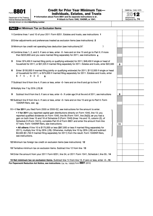Fillable Form 8801 - Credit For Prior Year Minimum Tax-Individuals, Estates, And Trusts - 2012 Printable pdf
