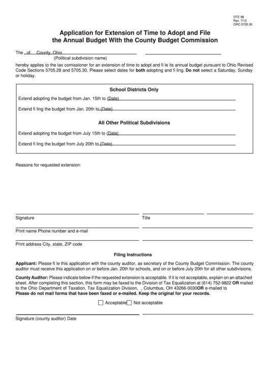 Fillable Form Dte 98 - Application For Extension Of Time To Adopt And File The Annual Budget With The County Budget Commission Printable pdf
