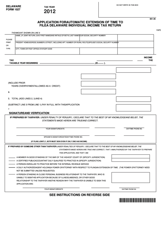 Fillable Form 1027 - Application For Automatic Extension Of Time To File A Delaware Individual Income Tax Return - 2012 Printable pdf