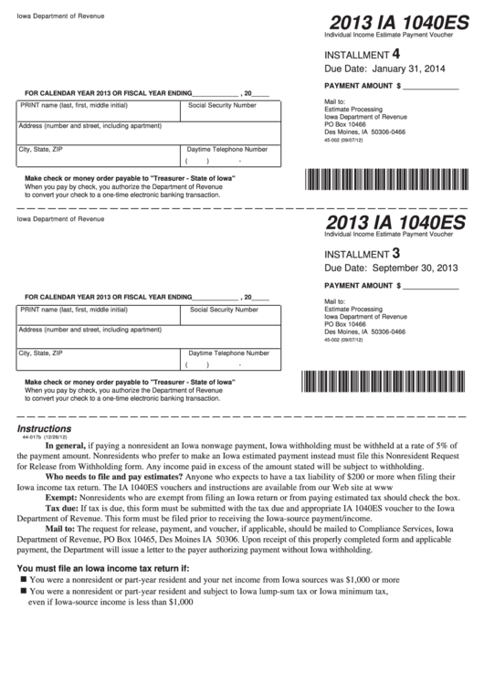 Form Ia 1040es - Individual Income Estimate Payment Voucher - 2013 Printable pdf