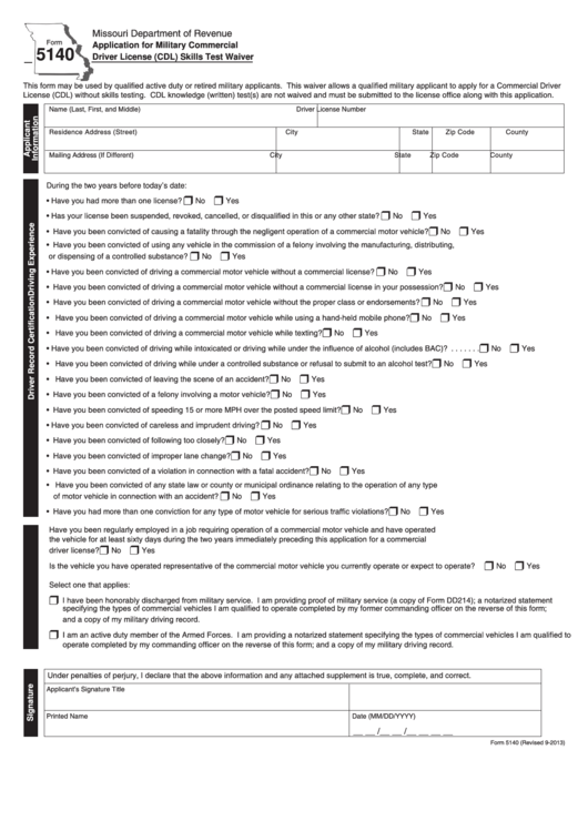 Fillable Form 5140 - Application For Military Commercial Driver License (Cdl) Skills Test Waiver Printable pdf