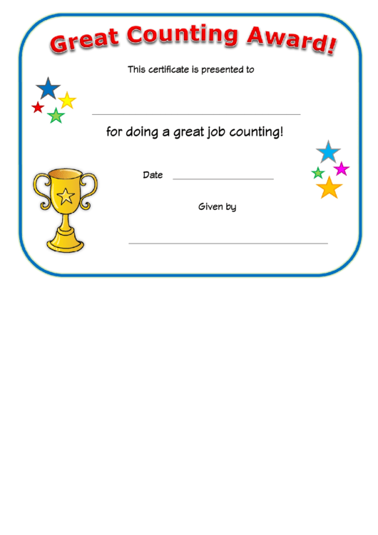Great Counting Award Certificate Template Printable pdf