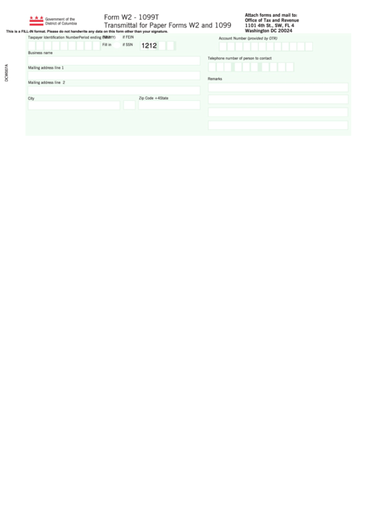 Fillable Form W2-1099t - Transmittal For Paper Forms W2 And 1099 Printable pdf