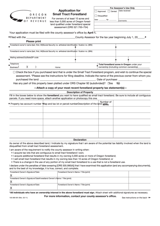 Fillable Form 150-390-001 - Application For Small Tract Forestland Printable pdf