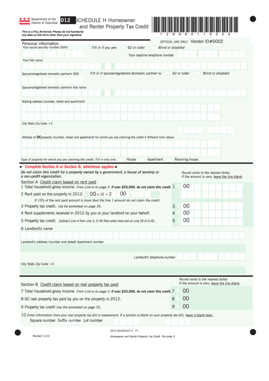 Schedule H - Homeowner And Renter Property Tax Credit - 2012