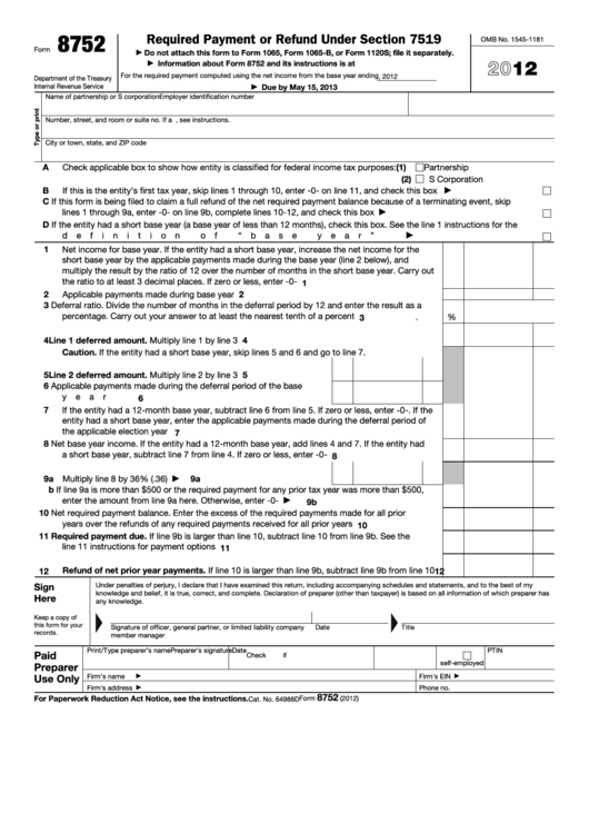 Fillable Form 8752 - Required Payment Or Refund Under Section 7519 - 2012 Printable pdf