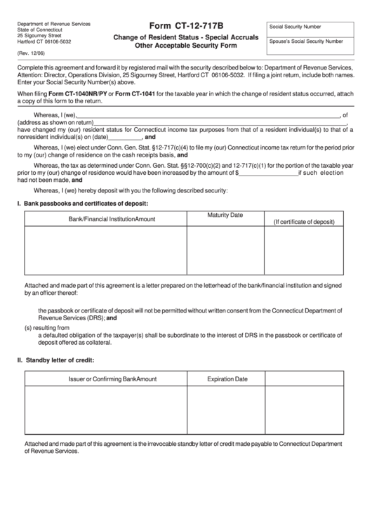 Fillable Form Ct-12-717b - Change Of Resident Status-Special Accruals Other Acceptable Security Form Printable pdf