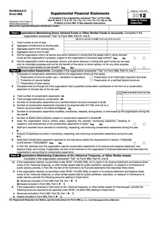 Fillable Schedule D (Form 990) - Supplemental Financial Statements - 2012 Printable pdf