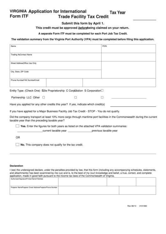 Fillable Form Itf - Application For International Trade Facility Tax Credit Printable pdf