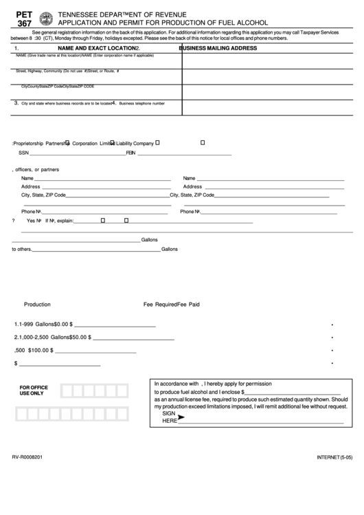 Fillable Form Pet 367 - Application And Permit For Production Of Fuel Alcohol Printable pdf