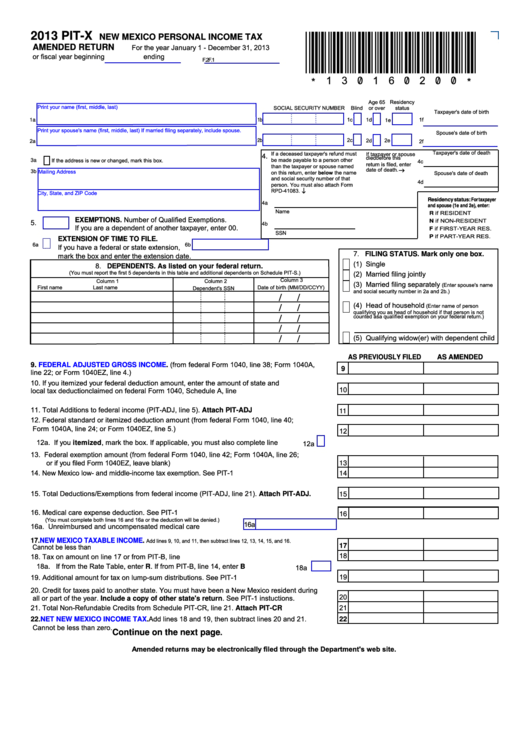 Fillable Form Pit-X - New Mexico Personal Income Tax Amended Return - 2013 Printable pdf