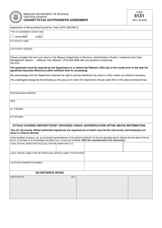 Fillable Form 5131 - Cigarette Tax Ach Transfer Agreement Printable pdf