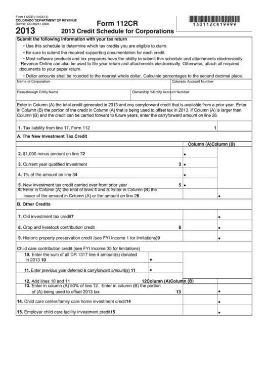 Fillable Form 112cr - Credit Schedule For Corporations - 2013 Printable pdf