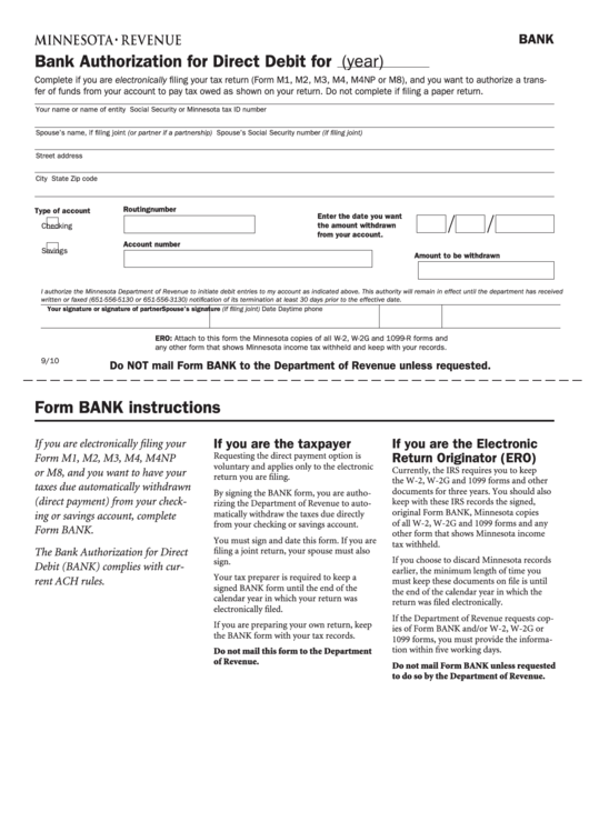 Fillable Form Bank - Bank Authorization For Direct Debit Printable pdf