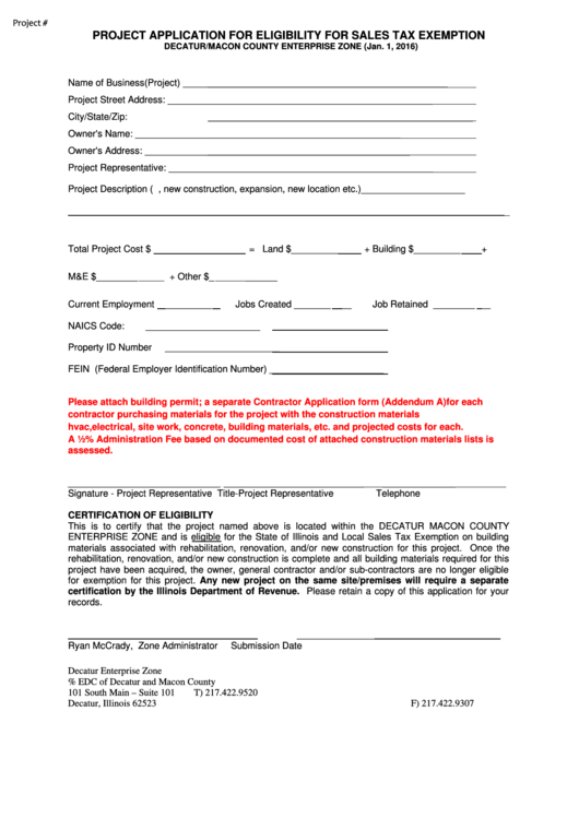 Project Application For Sales Tax Exemption - Decatur/macon County, Illinois Printable pdf