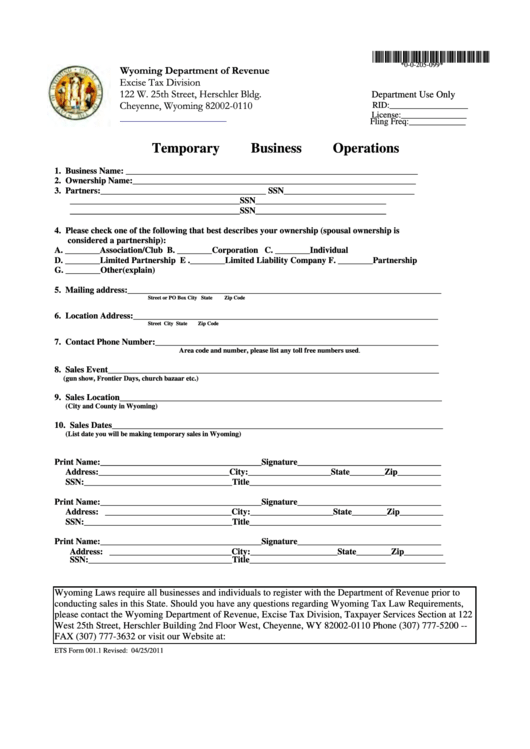 Form 001.1 - Temporary Business Operations Printable pdf
