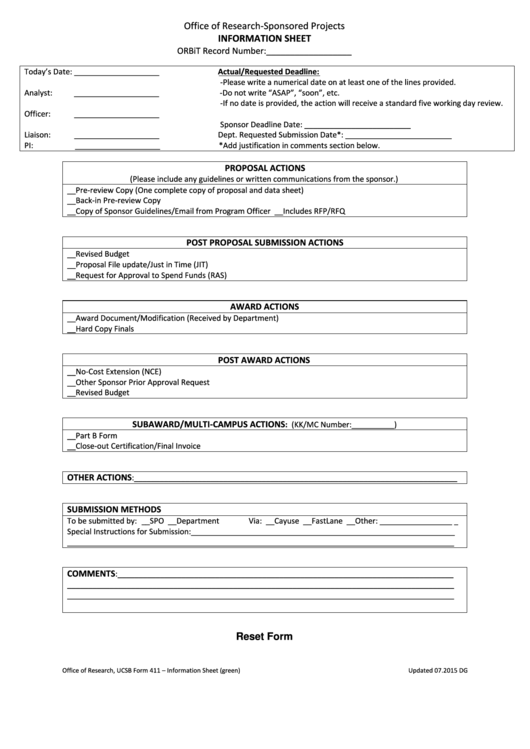 Fillable Information Sheet - Office Of Research-Sponsored Projects Printable pdf