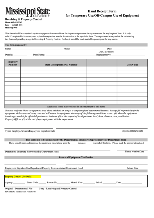 Fillable Hand Receipt Form For Temporary Use/off-Campus Use Of Equipment Printable pdf