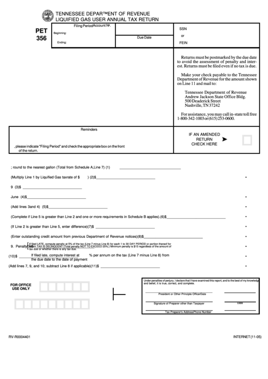 Fillable Form Pet 356 - Liquified Gas User Annual Tax Return Printable pdf