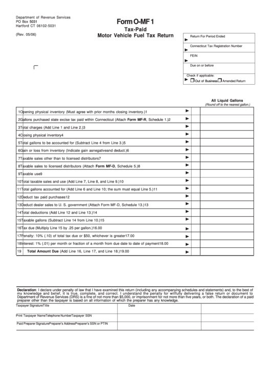 Fillable Form O-Mf 1 - Tax-Paid Motor Vehicle Fuel Tax Return Printable pdf