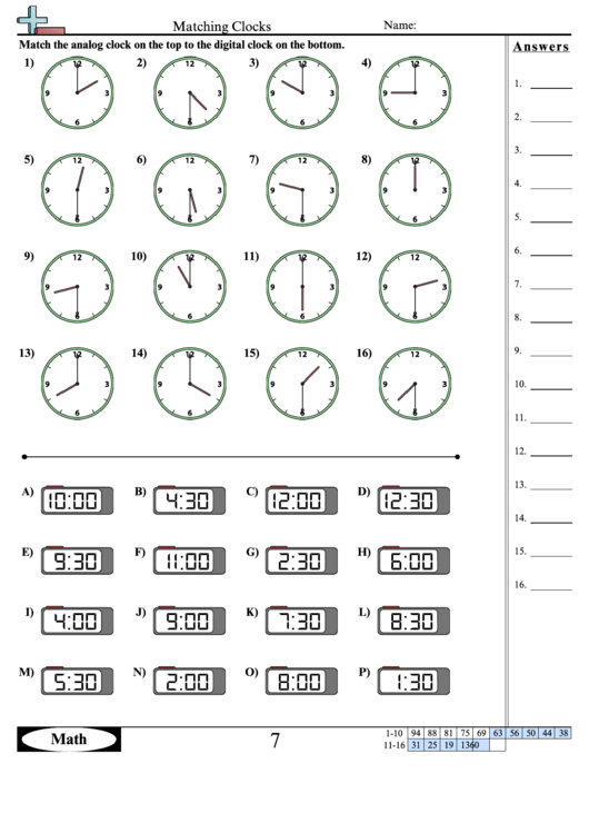 Matching Clocks - Measurement Worksheet With Answers Printable pdf