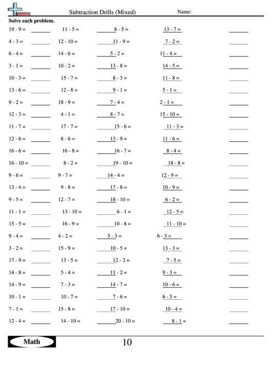 Subtraction Drills (Mixed) - Subtraction Worksheet With Answers ...