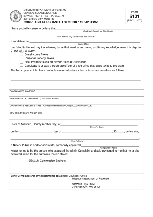 Fillable Form 5121 - Complaint Pursuant To Section 115.342, Rsmo Printable pdf