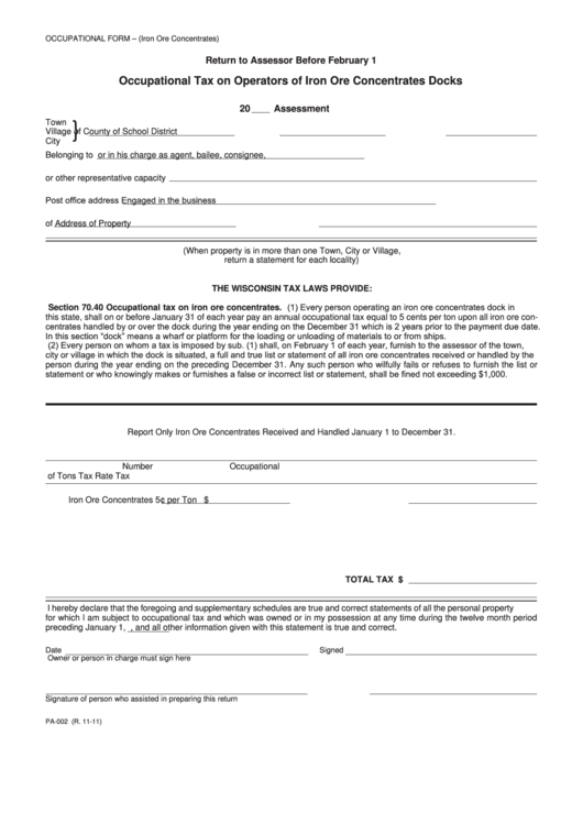 Form Pa-002 - Occupational Tax On Operators Of Iron Ore Concentrates Docks - Wisconsin Department Of Revenue Printable pdf