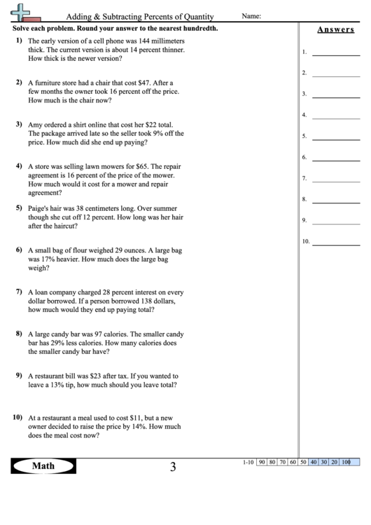 Adding And Subtracting Percents Of Quantity - Percentage Worksheet With Answers Printable pdf