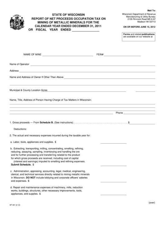 Fillable Form Mt-001 - Report Of Net Proceeds Occupation Tax On Mining Of Metallic Minerals - Wisconsin Department Of Revenue Printable pdf