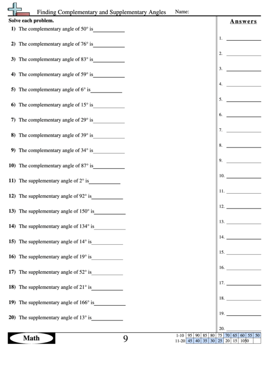 Finding Complementary And Supplementary Angles - Geometry Worksheet With Answers Printable pdf